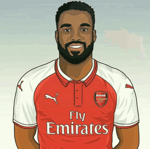 a man with a beard wearing a red fly emirates shirt