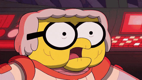 a cartoon character with glasses and gray hair looks surprised