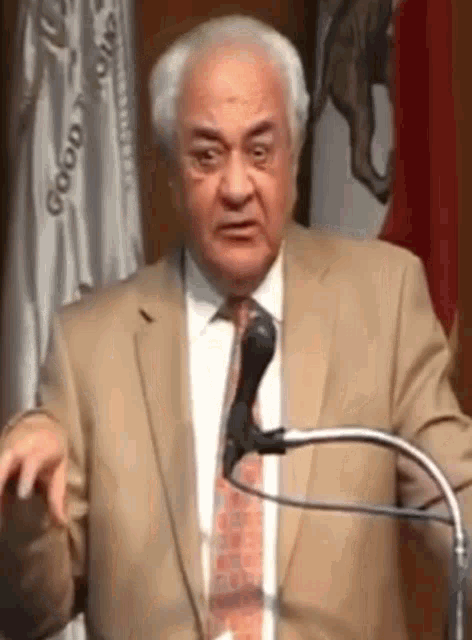 a man in a suit and tie is standing in front of a microphone .