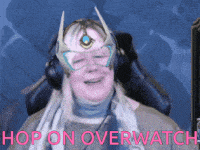 a woman wearing headphones with the words hop on overwatch on the bottom