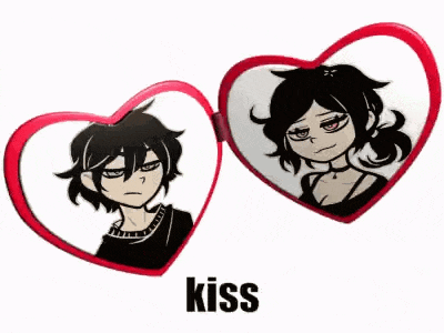 two heart shaped mirrors with a boy and a girl on them