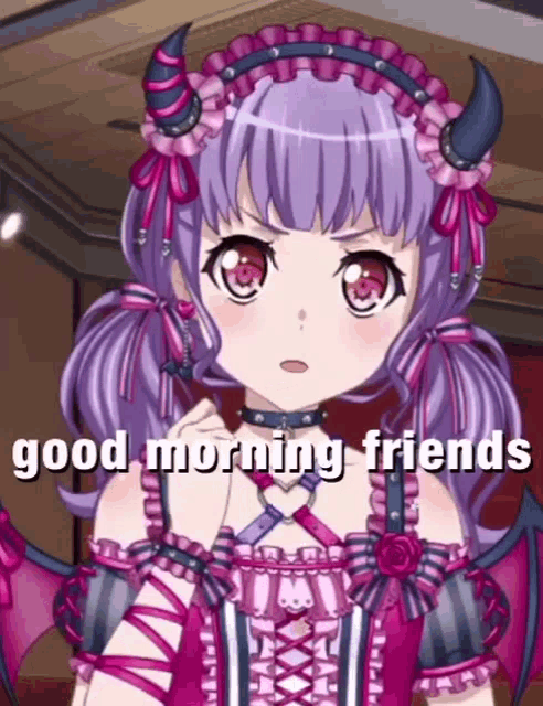 a picture of a girl with horns and the words good morning friends