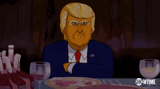 a cartoon of donald trump sitting at a table with a showtime logo