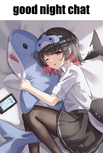 a girl wearing a shark mask is hugging a stuffed shark with the words good night chat above her
