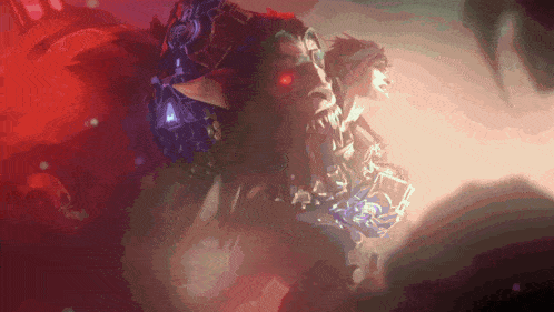 a painting of a monster with a red eye and a purple arm