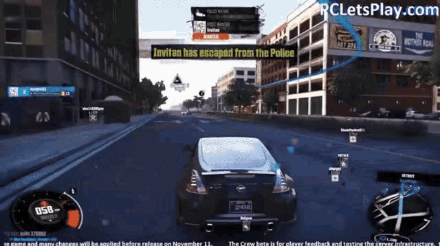 a video game screen shows a car driving down a street and a message that invitan has escaped from the police on the screen
