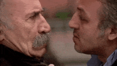 two men with mustaches are looking at each other and kissing .