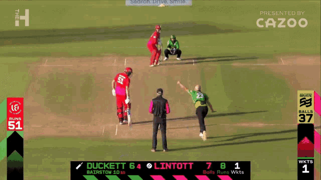 a cricket game is being presented by cazoo and is being played