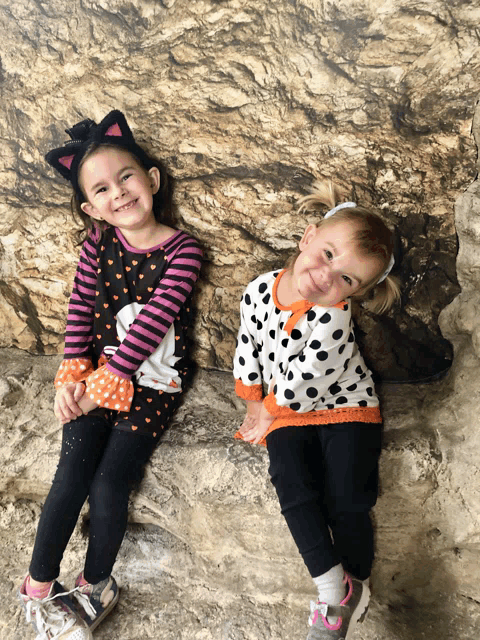 two little girls are sitting on a rock wearing cat ears