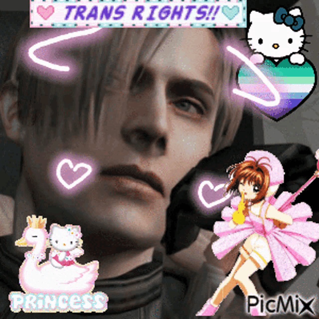 a picture of a man with a hello kitty and a princess sticker