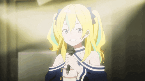 a girl with blonde hair holds a microphone in her hand