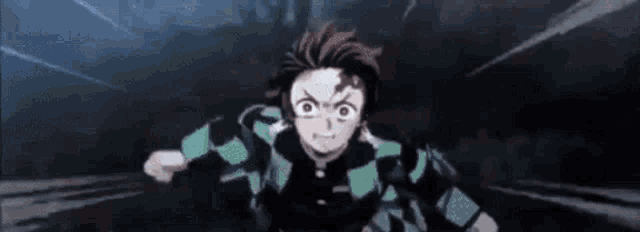 a man in a plaid shirt is running in the dark with a sword in his hand .