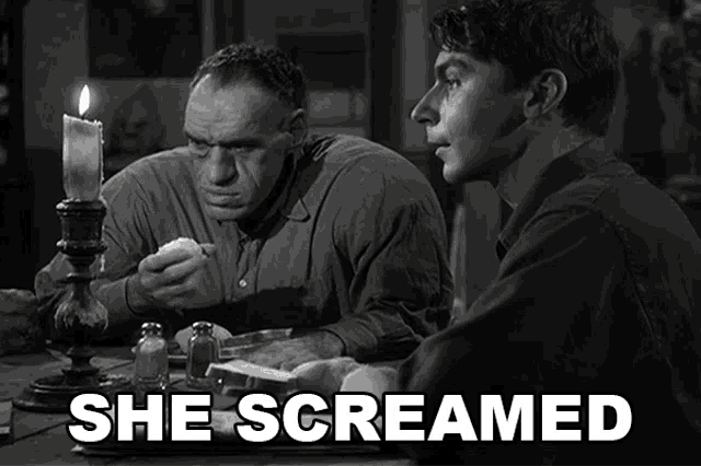 two men are sitting at a table with the words she screamed behind them