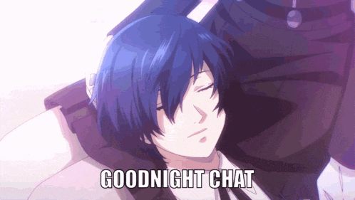 a blue haired anime character is laying down with the words goodnight chat below him
