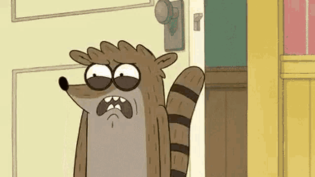a cartoon raccoon is standing in front of a door with a surprised look on his face .