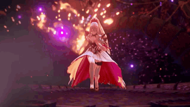 a video game character in a red and white dress is dancing in front of a fireball .