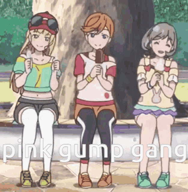 three anime girls are sitting next to each other on a bench with the words pink gump gang written on the bottom .