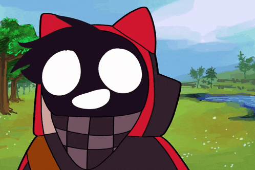 a cartoon drawing of a cat with white eyes and a red hood
