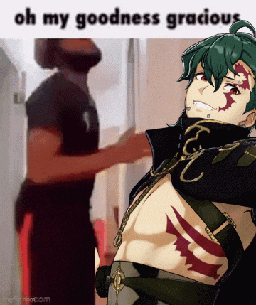 a man standing in a hallway with the words oh my goodness gracious written above him
