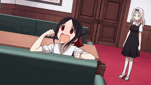 a cartoon of a girl sitting on a couch with her mouth wide open