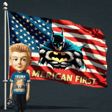 a boy in a trump shirt stands in front of an american flag with batman on it