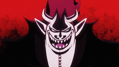 a cartoon drawing of a demon with horns and a purple hair