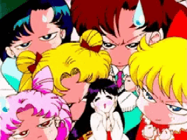 a group of anime characters are gathered together and one of them has a tear running down his face