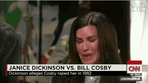 a woman is crying on a cnn news report about janice dickinson and bill cosby