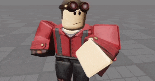 a roblox character wearing a red jacket and suspenders is holding a piece of paper