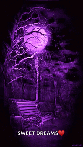a purple painting of a park bench under a full moon with the words `` sweet dreams '' written below it .