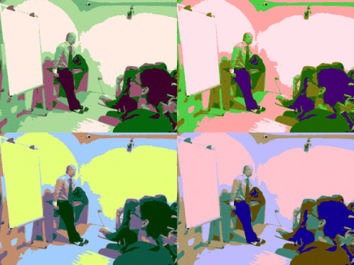 four images of a man giving a presentation to a group of people in different colors