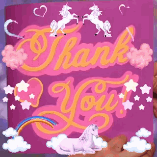 a thank you card with unicorns and rainbows