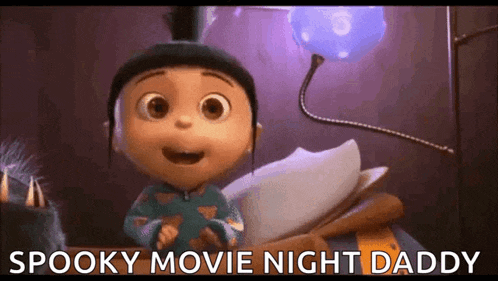 a cartoon girl is sitting on a bed with the words spooky movie night daddy written on the screen .