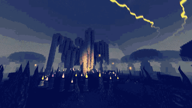 a video game scene with a lightning strike and a castle in the background