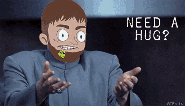 a cartoon of a man with a frog in his mouth and the words need a hug
