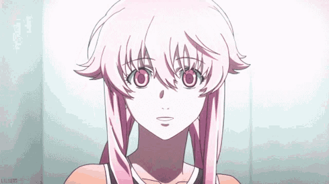 a girl with pink hair and red eyes is smiling with the word lilium in the corner