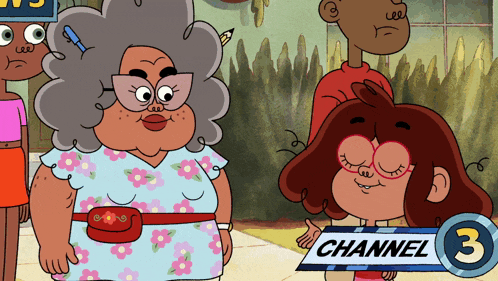 a group of cartoon characters are standing next to each other with a sign that says channel 3
