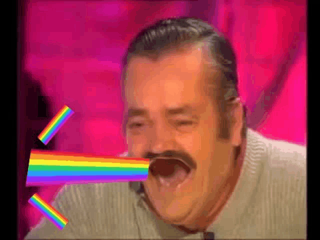a man with a mustache is laughing with a rainbow coming out of his nose .