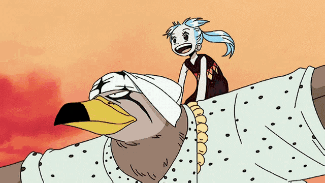 a cartoon of a girl riding on the back of a large bird