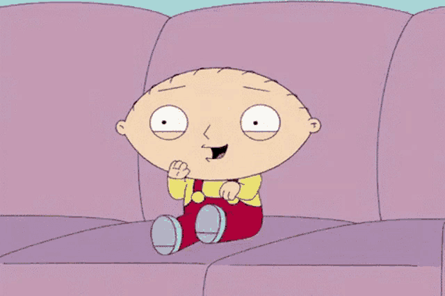 a cartoon character is sitting on a purple couch and smiling