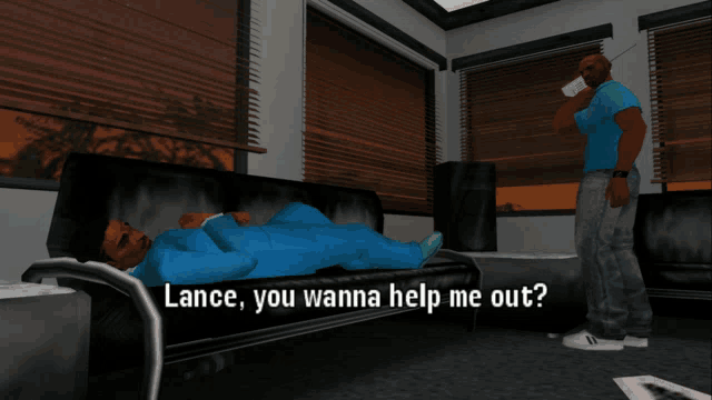 a man laying on a couch with the words lance you wanna help me out on the bottom