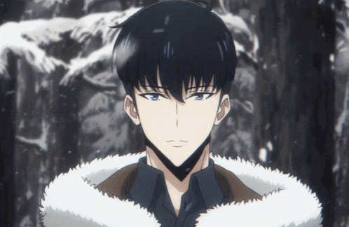 a man with black hair and blue eyes is wearing a white fur coat