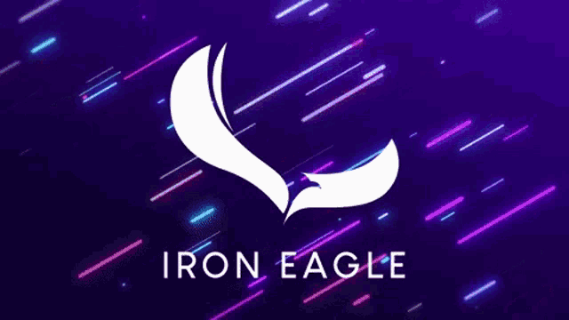 iron eagle logo on a purple background with neon lines