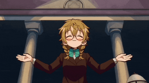 a girl with blonde hair and glasses is standing with her arms outstretched