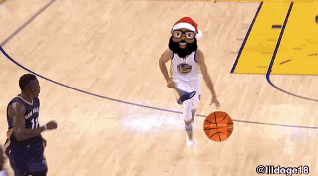 a basketball player wearing a santa hat and glasses