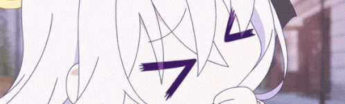 a close up of a cartoon character with white hair and purple eyes