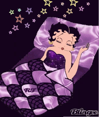 a cartoon of betty boop sleeping in a purple blanket