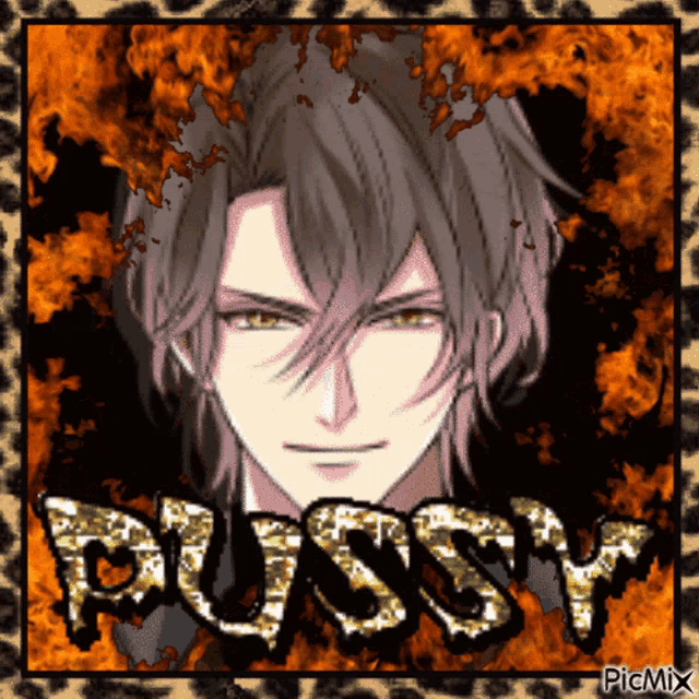 a picture of a man with the word pussy written in gold