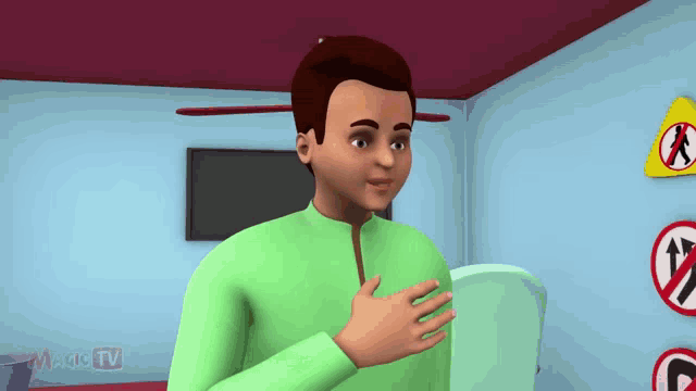 a boy in a green shirt is standing in a room with signs on the wall including one that says " no walking "