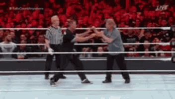 two men are fighting in a wrestling ring while a referee looks on